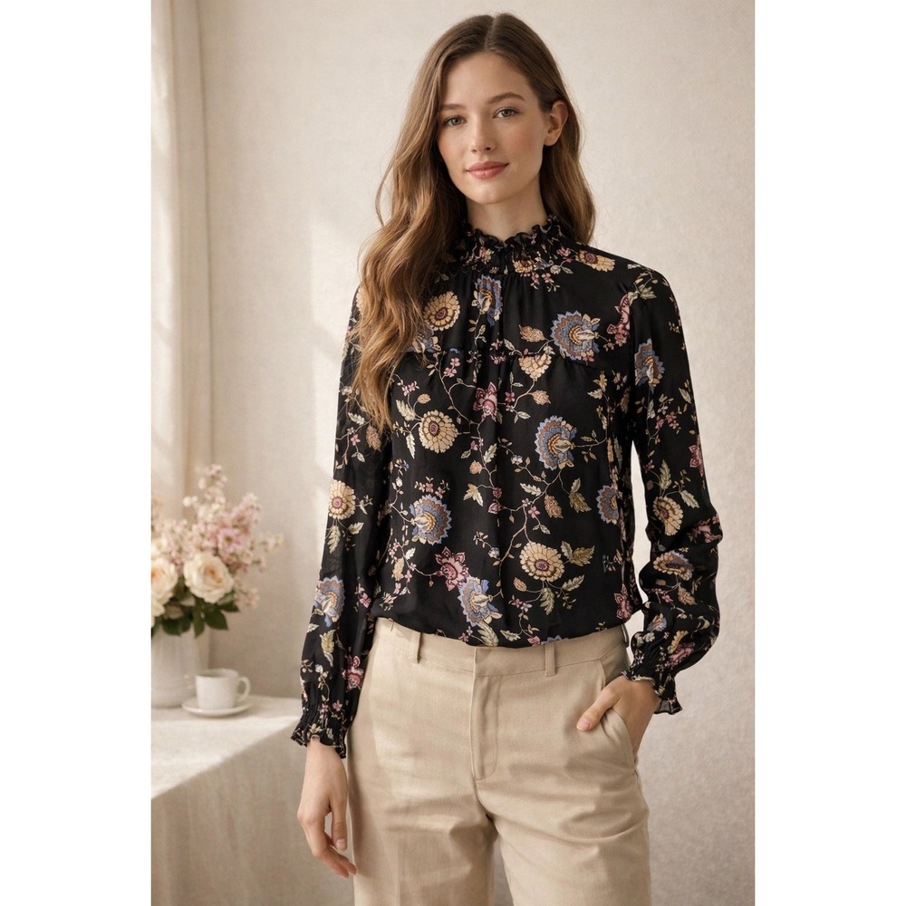 Vince Camuto Womens‎ Small Black Floral Mock Neck Ruffle Long Sleeve Blouse Top